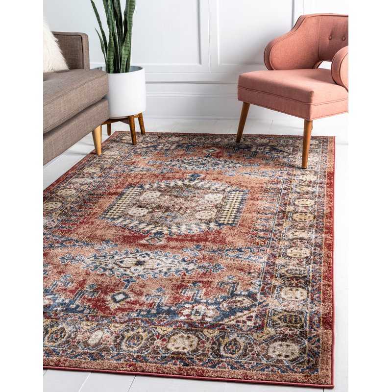 Astoria Grand Nathanson Terracotta Oriental Red / Beige / Blue Area Rug